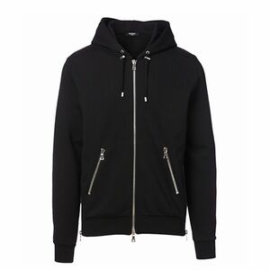 Authentic Balmain Cotton Zip Hoodie With Foil Logo Black Medium Size